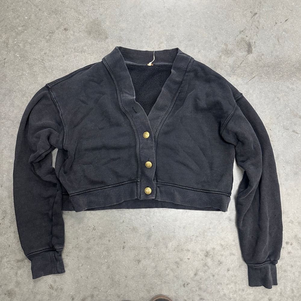 Free People Cropped Cardigan Sweatshirt Washed Black Gold Star Buttons Small